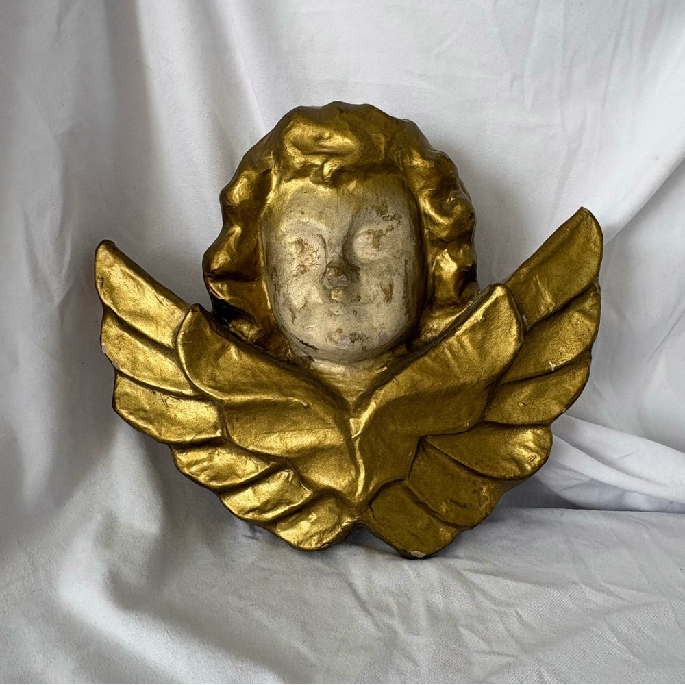Vintage gold angel cherub wall hanging home decor regency glam paper mache cream